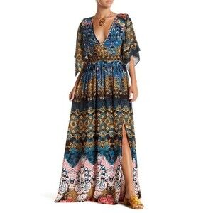 Dex No8 Edition Women's V-Neck Maxi Dress In Black Multi Print Size XS $120